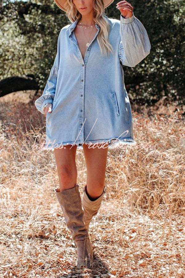 Madden Pocketed Chambray Button Down Denim Tunic Dress