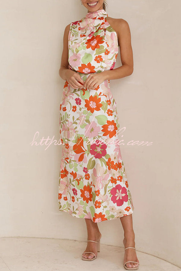 Fascinating Day Floral Halter Neck Elastic Waist Maxi Dress