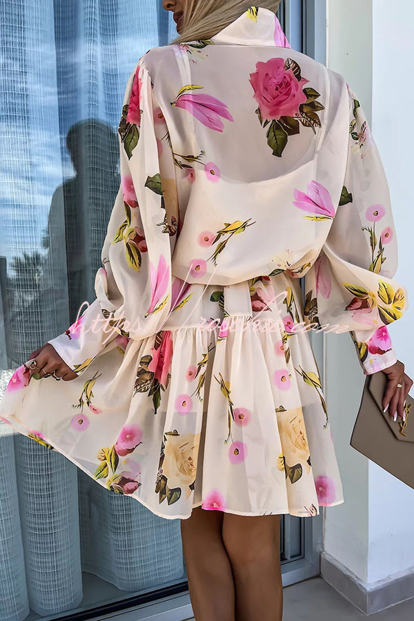 Sunset and Dreams Floral Print Subtle Tuck Lantern Sleeve Belt Mini Dress