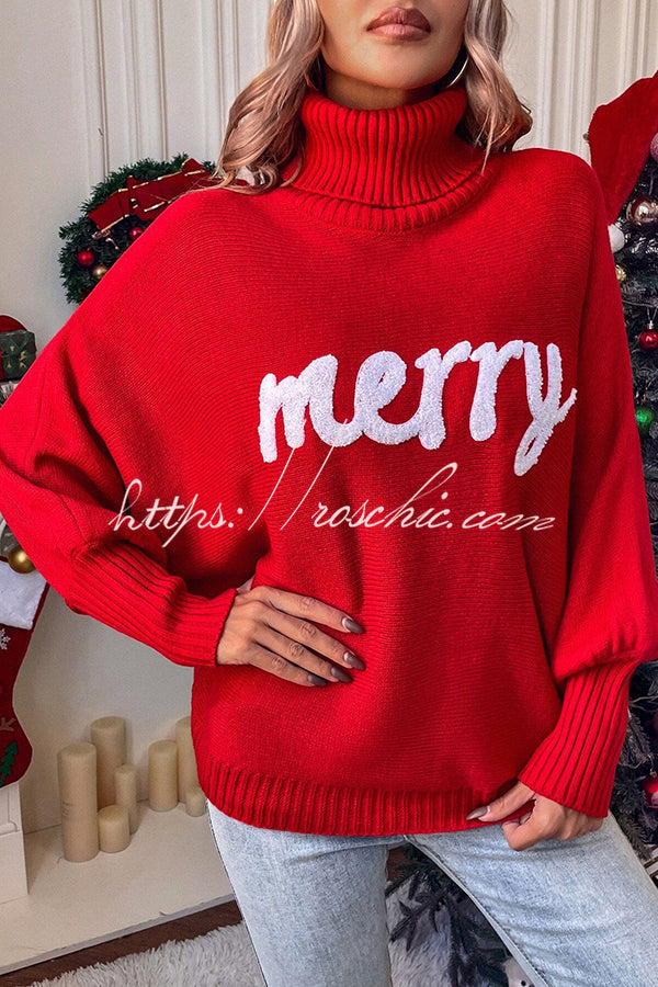 Happy Holidays Contrast Love Letter Turtle Neck Bat Sleeve Sweater