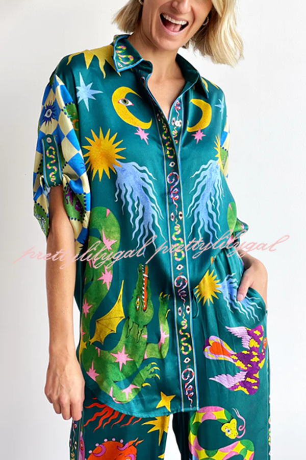 Beachy Chic Linen Blend Unique Print Button Down Oversized Blouse