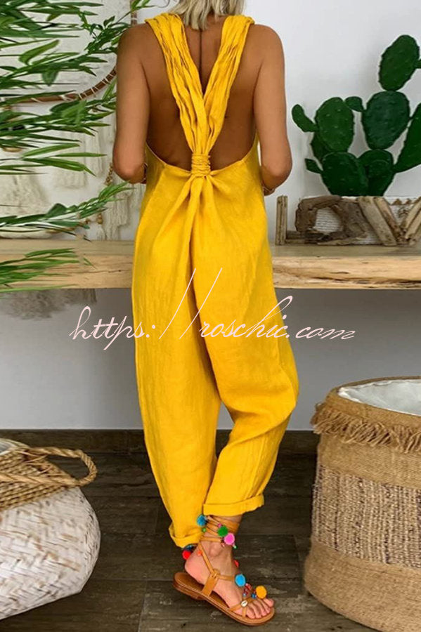 Harper Casual Solid Backless Knotted Strappy Loose Jumpsuit