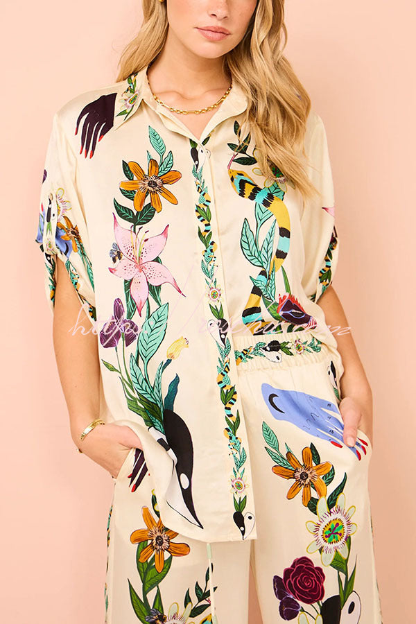 Modern Sophisticated Feel Satin Unique Print Button Down Oversized Blouse