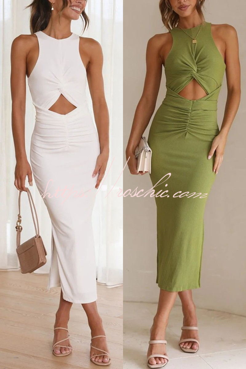 Crushing All Night Ribbed Front Cut Out Ruched Stretch Midi Dress