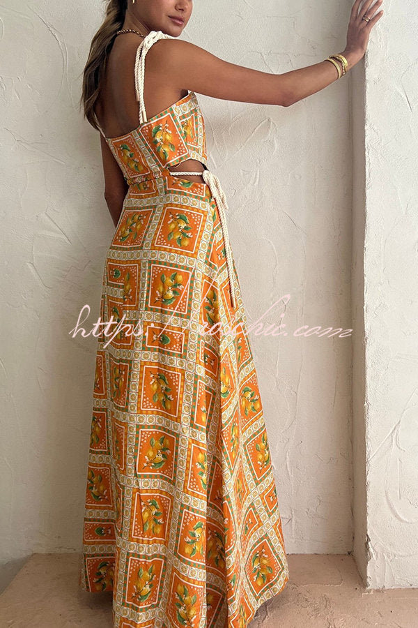 Orange Summer Printed Linen Blend Cutout Tie-up Design Maxi Dress