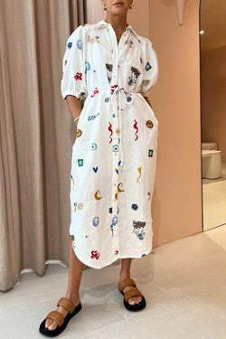 Statement Print Puff Sleeve Side Pocket Tie Midi Dress