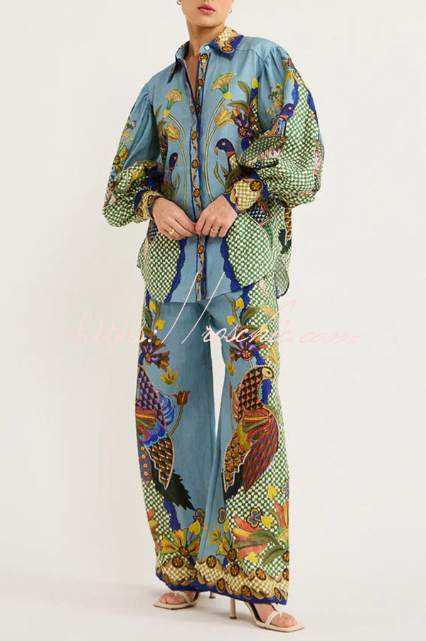 Smyrna Unique Heaven Bird Print Elastic Waist Pocketed Wide Leg Pants