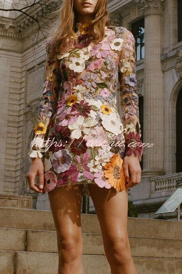 Elegantly Enchanted Floral Applique Backless Long Sleeve Mini Dress –  roschic