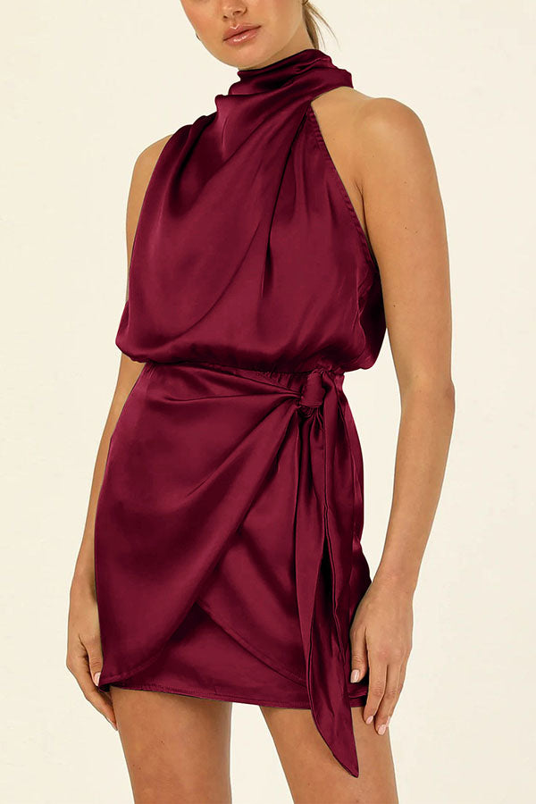 Hollywood Dreams Satin High Neck Wrap Mini Dress