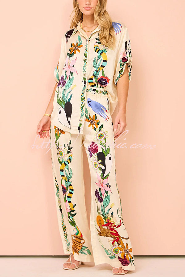 Claire Satin Unique Print Elastic Waist Pocketed Wide Leg Pants