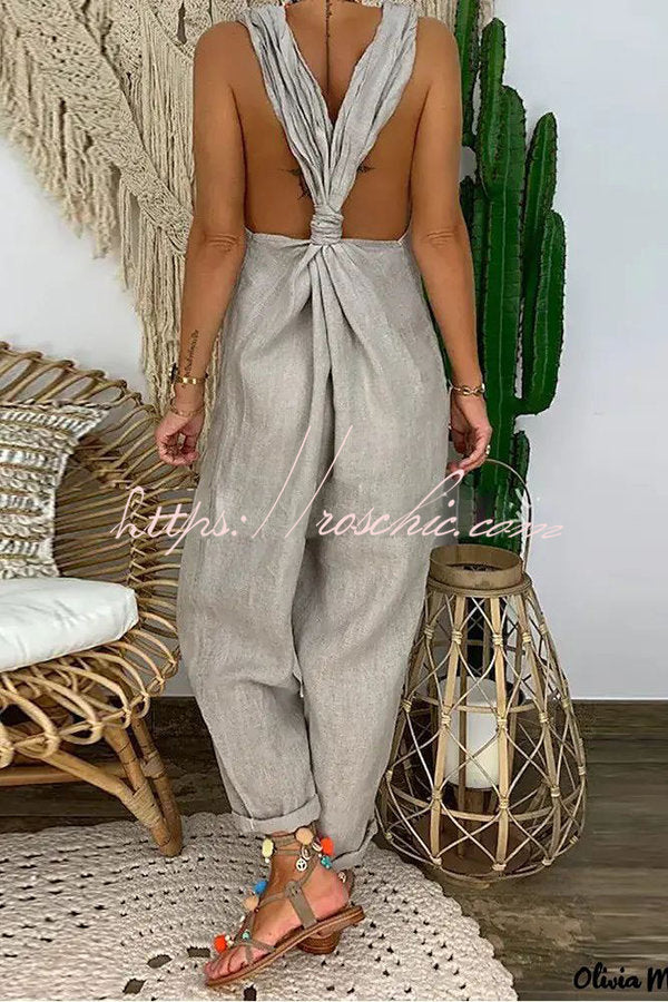 Harper Casual Solid Backless Knotted Strappy Loose Jumpsuit