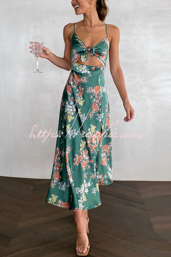 Dreamers Satin Floral Tie Up Slit Midi Dress