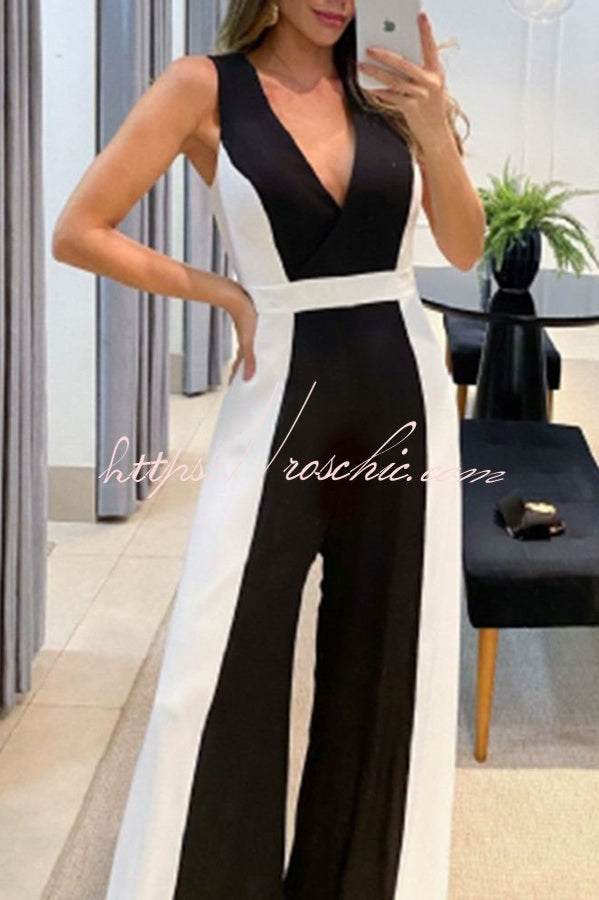 Black and White Classic Colorblock Wide Leg Jumpsuit