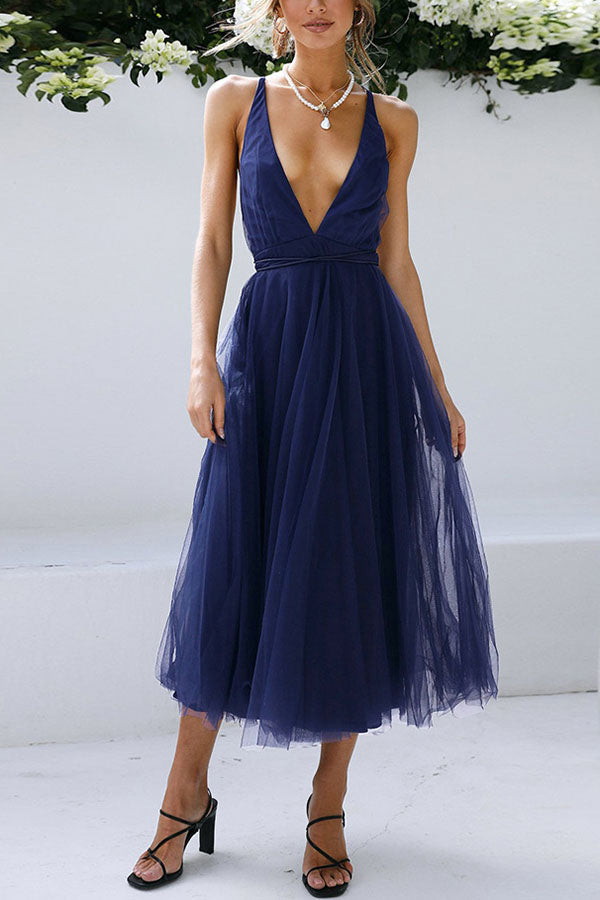 Feeling Romantic V Neck Tulle Midi Dress