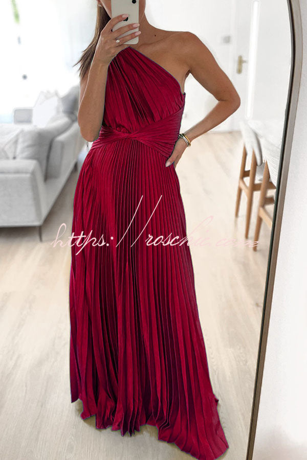 Keira One Shoulder Pleated Satin Maxi Dress