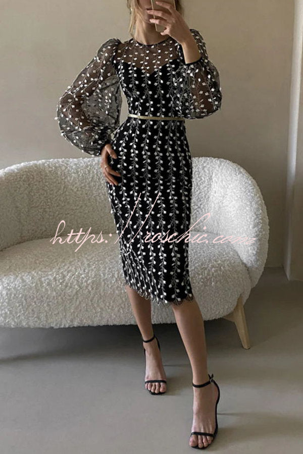 Floral Passions Embroidered Sheer balloon sleeve Fitted Midi Dress