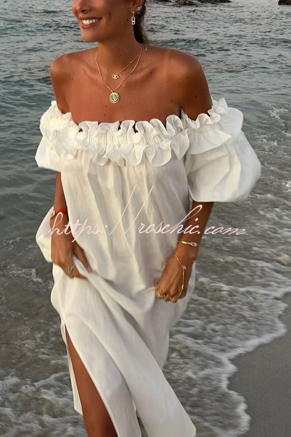 off shoulder dress linen Francisca Linen Blend Off Shoulder Ruffle Puff Sleeve Pocketed Midi Dress