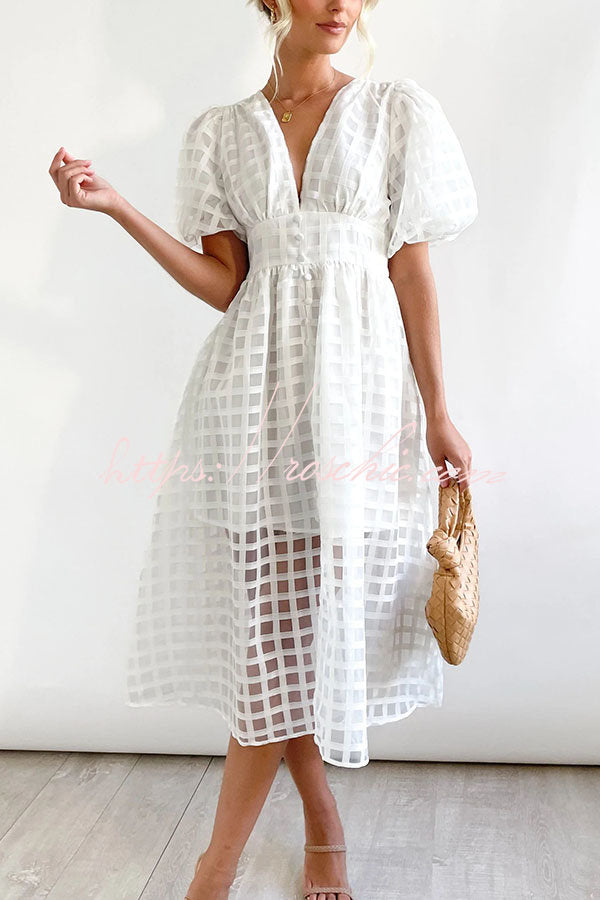 Remarkable Beauty Square Patterned Fabric Puff Sleeve Midi Dress