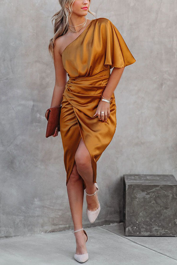 Glam Expectations One Shoulder Satin Drape Dress