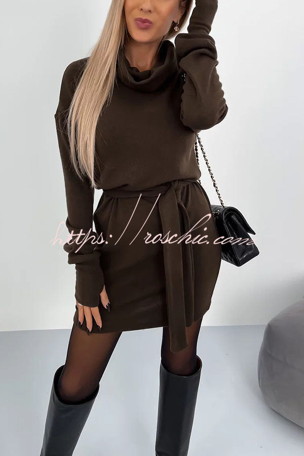 Let's Stay In Soft Belted Turtleneck Dress