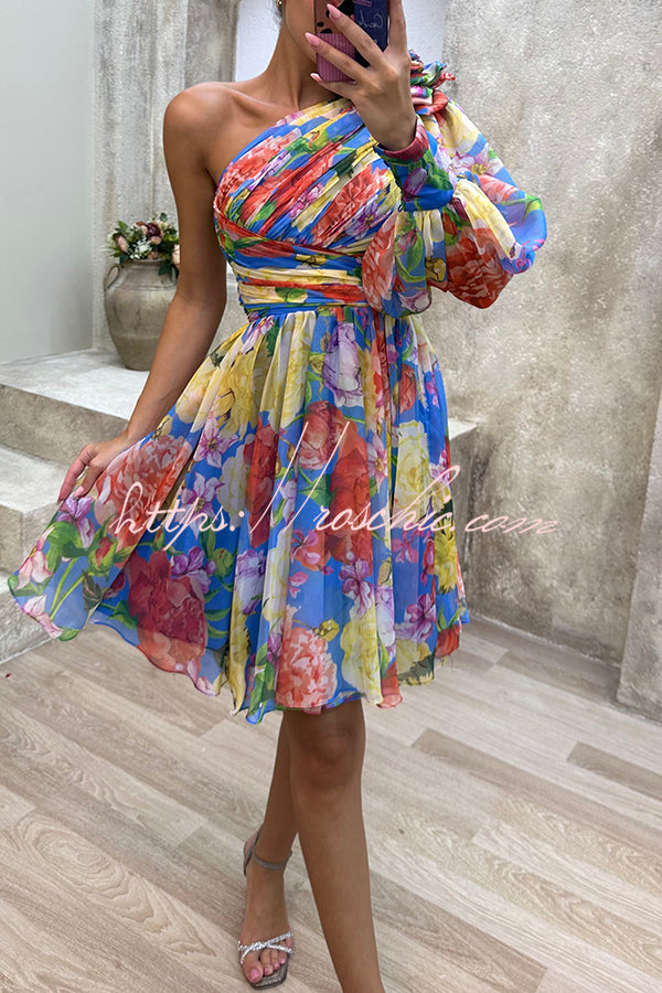 Vivid Visions Floral Print Pleated One Shoulder Sleeve Swing Mini Dress