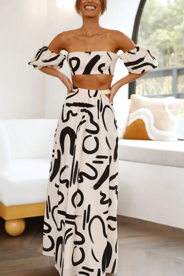 Allegra Doodle Printed Off Shoulder Crop Top and Pocketed Cutout Maxi Skirt Set