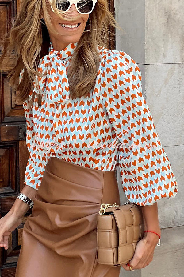 Ivanna Geometric Print Tie Puff Sleeve Blouse