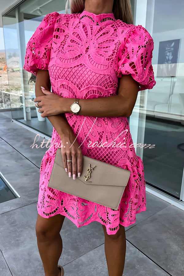 Ever So Sweet Crochet Lace Puff Sleeve Mini Dress