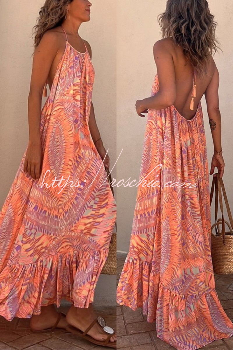 Sunita Ethnic Print A-line Halter Tassel Vacation Maxi Dress