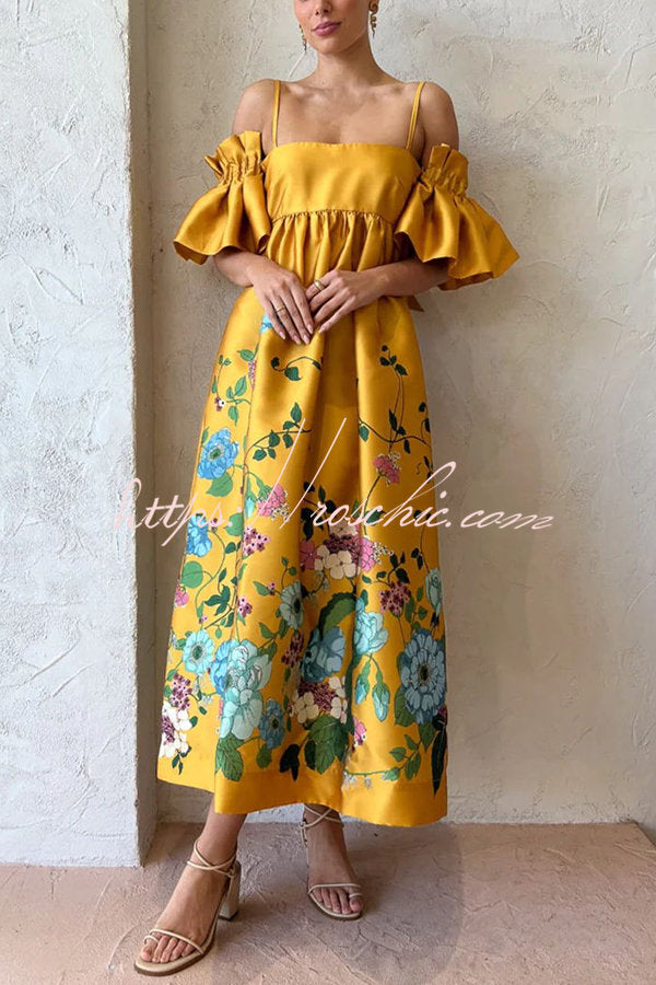 Sweetest Marigold Printed Gathered Sleeve Pocketed A-line Midi Dress