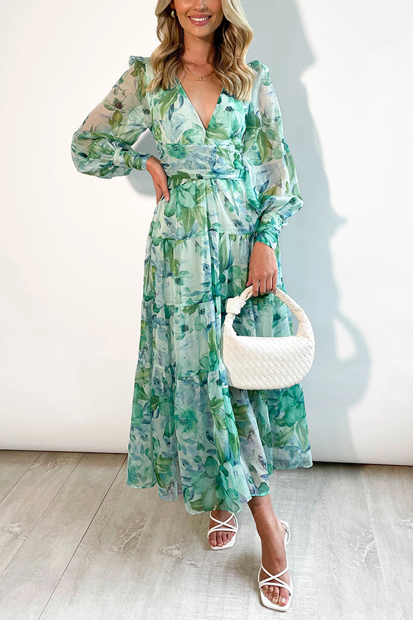 Olena Abstract Floral Balloon Sleeves Maxi Dress (The back is stretchy)