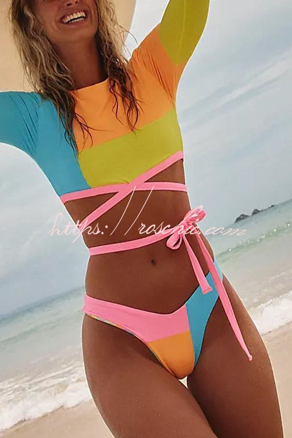 Perfect Match Colorblock Lace Up Long Sleeve Bikini Set