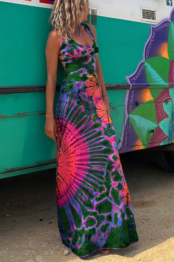 La Bamba Tie-dye Print Back Lace-up Stretch Maxi Dress – roschic