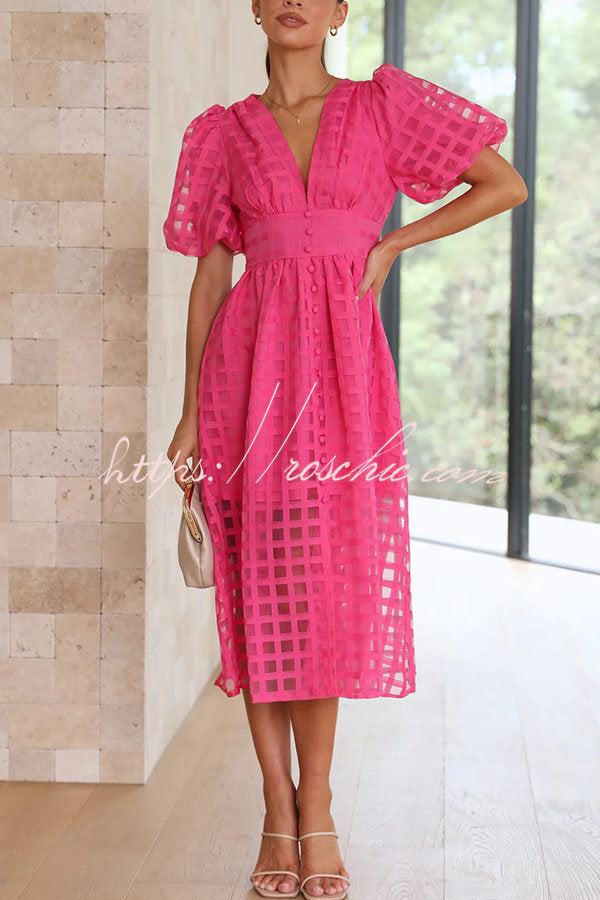 Remarkable Beauty Square Patterned Fabric Puff Sleeve Midi Dress