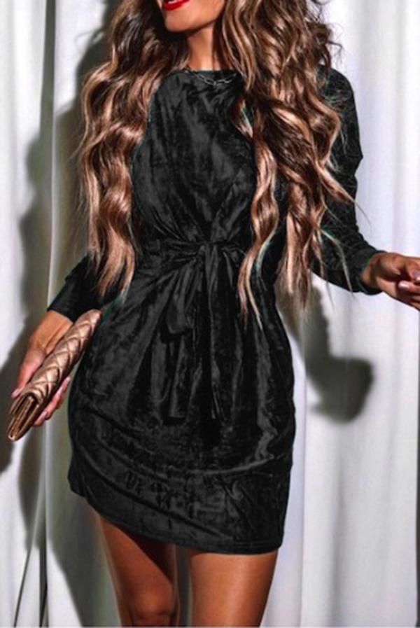 Christmas Tie Waist Velvet Round Neck Long Sleeve Holiday Dress