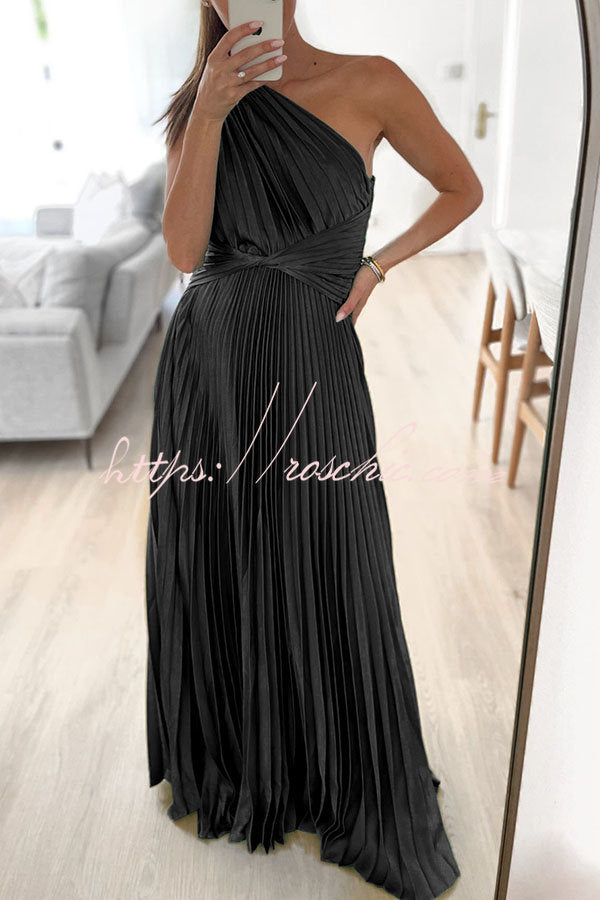 Keira One Shoulder Pleated Satin Maxi Dress