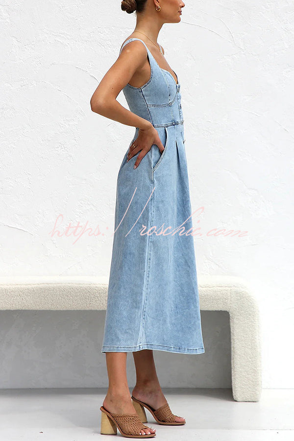 Spring Fling Washed Denim Button Pocket Back Smocked Midi Dress