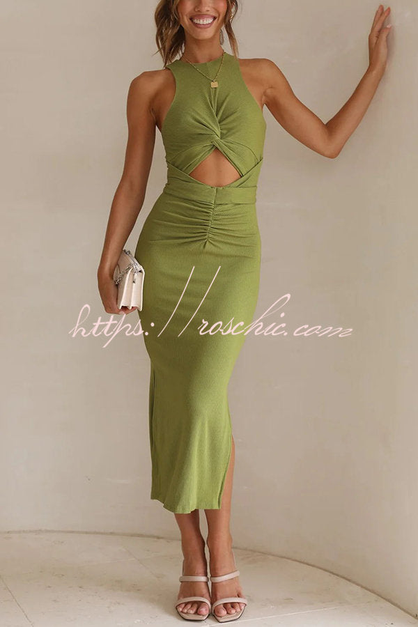 Crushing All Night Ribbed Front Cut Out Ruched Stretch Midi Dress