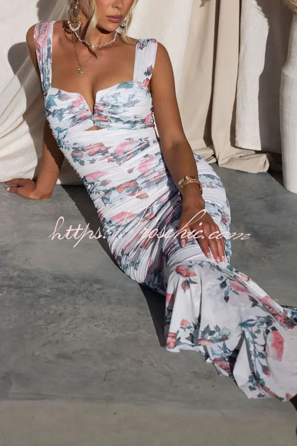 Styled To Perfection Floral Ruched Mesh Overlay Ruffle Hem Maxi Dress