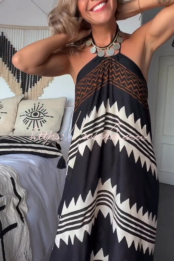 Hey Vacay Ethnic Print Halter A-line Maxi Dress