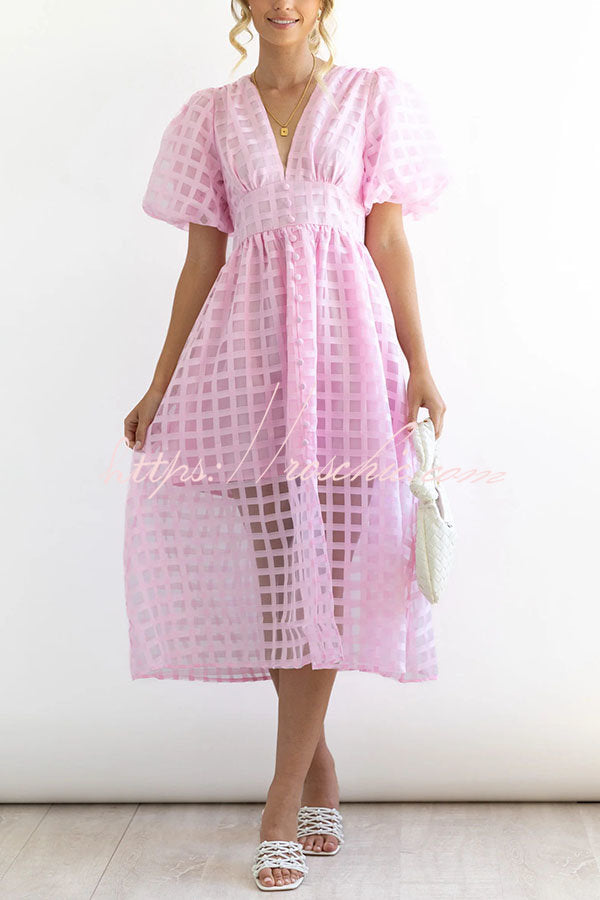 Remarkable Beauty Square Patterned Fabric Puff Sleeve Midi Dress