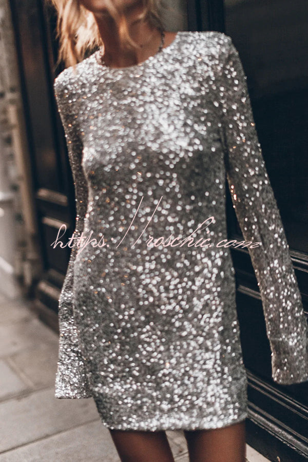 Flash Focus Sequin Extra Long Slit Sleeves Open Back Mini Dress