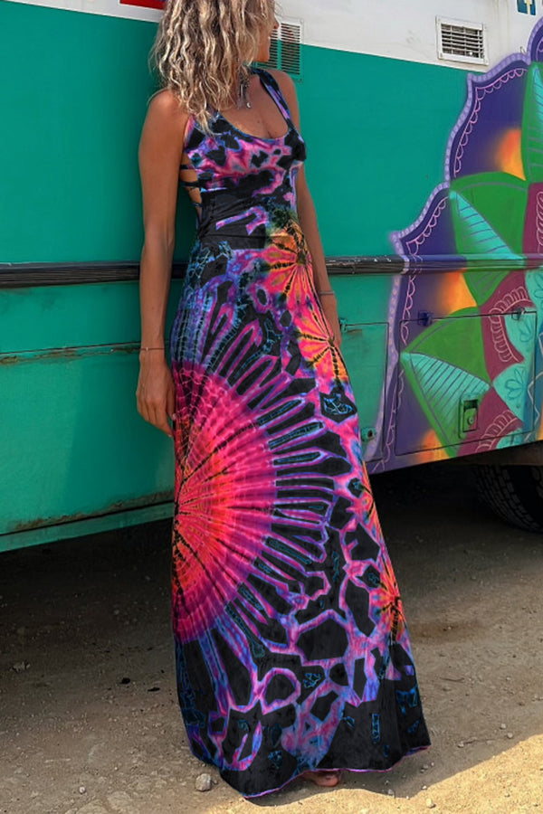 La Bamba Tie-dye Print Back Lace-up Stretch Maxi Dress  roschic