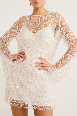 Sparkle and Shine Sequins and Pearls Fabric Mini Dress with Separate Slip