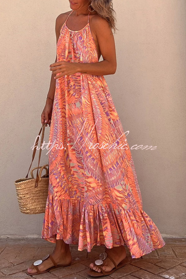 Sunita Ethnic Print A-line Halter Tassel Vacation Maxi Dress