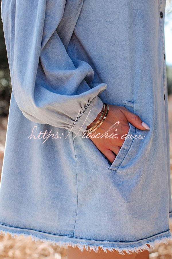 Madden Pocketed Chambray Button Down Denim Tunic Dress