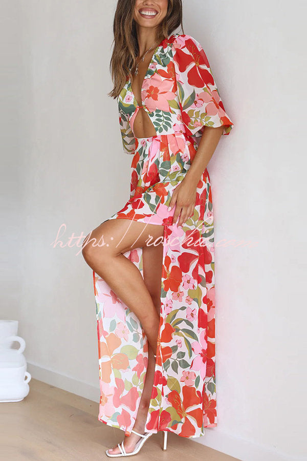 Del Mare Floral Puff Sleeve Front Cutout High Low Maxi Dress