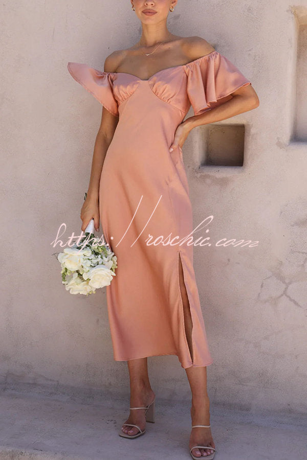 Pure Love Satin Butterfly Sleeve Slit Midi Dress