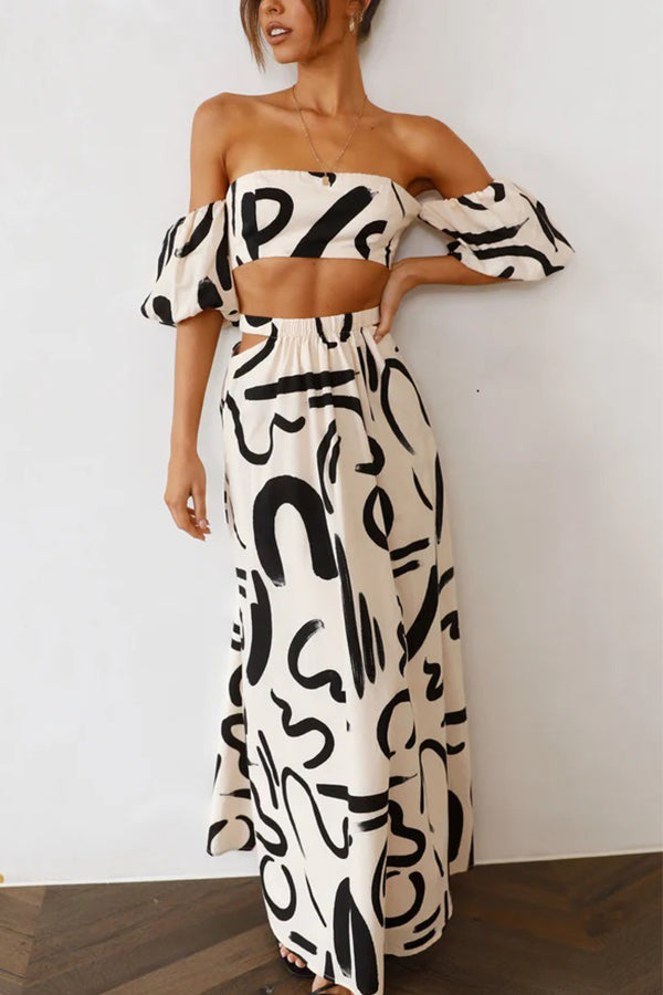 Allegra Doodle Printed Off Shoulder Crop Top and Pocketed Cutout Maxi Skirt Set