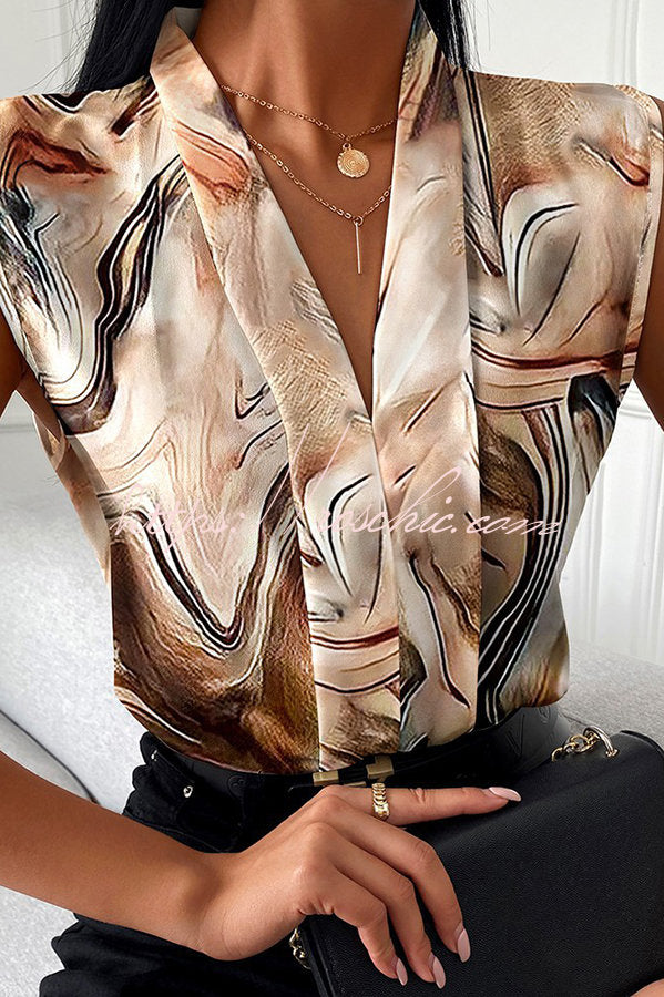 Marble / Abstract Print V-Neck Casual Top